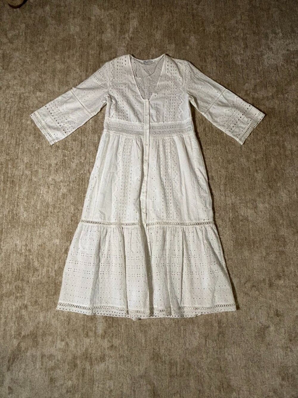 Zara White Eyelet Midi Dress Womens US 4 EU M Boho Cottagecore Embroidered